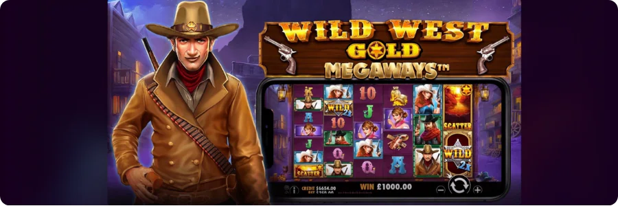 Wild West Gold RTP stats over the slot grid with desert town background